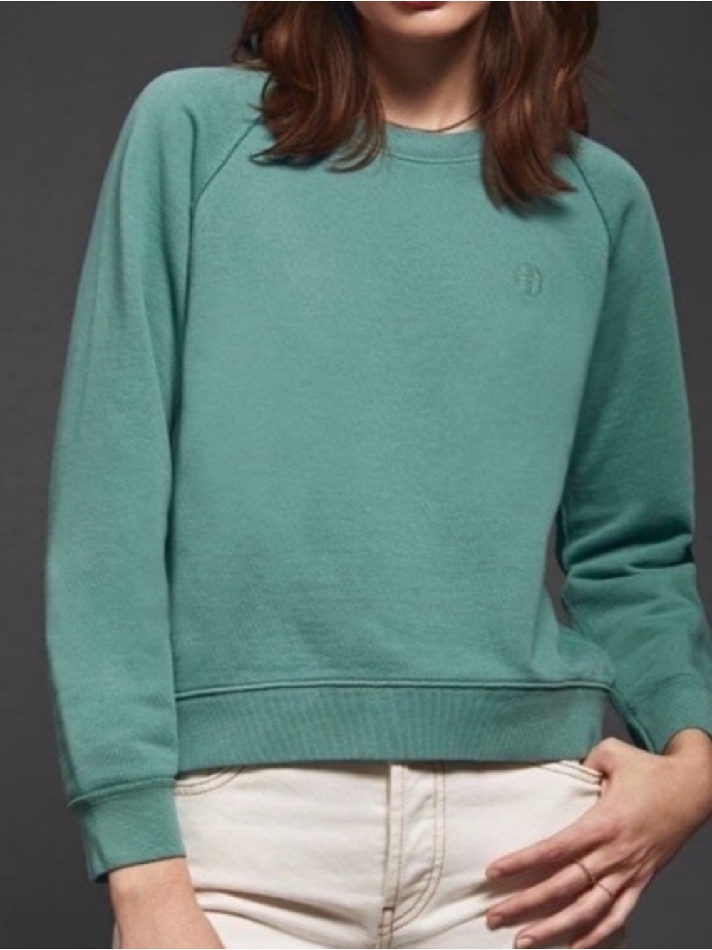 Anine Bing Monogram Logo Sweatshirt Crewneck Long Sleeve Cotton Teal Medium
